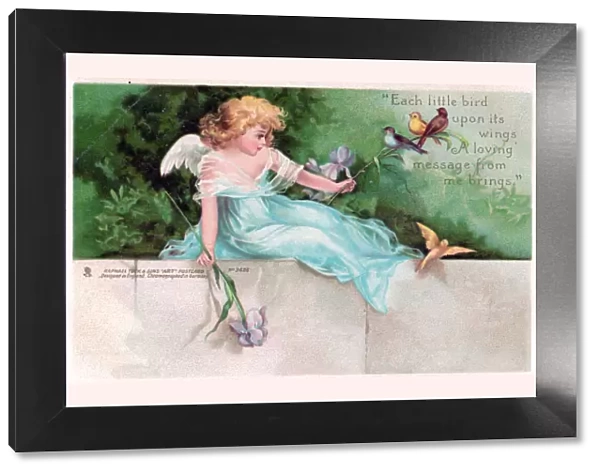 Young angel with birds on a greetings postcard