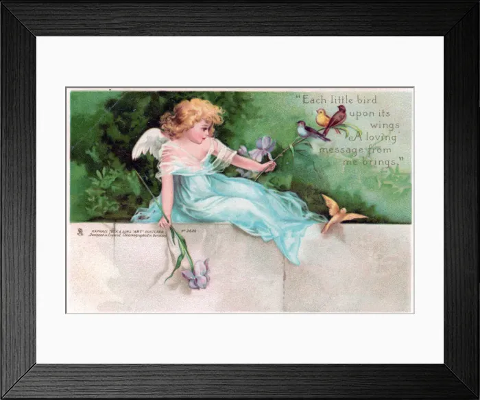 Framed Print : Young angel with birds on a greetings postcard Framed Print : Young angel with birds on a greetings postcard