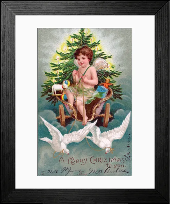 Framed Print : Cherub with doves and chariot on a Christmas postcard Framed Print : Cherub with doves and chariot on a Christmas postcard