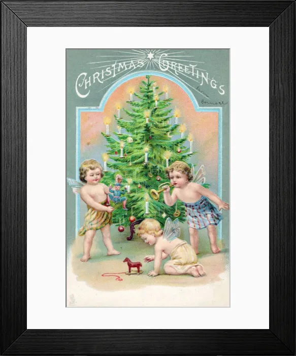 Framed Print : Cherubs with tree and presents on a Christmas postcard Framed Print : Cherubs with tree and presents on a Christmas postcard