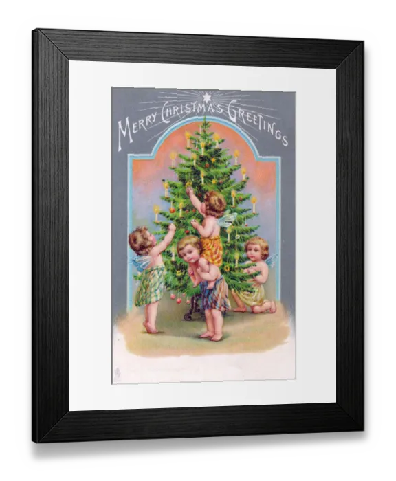 Framed Print : Cherubs with tree on a Christmas postcard Framed Print : Cherubs with tree on a Christmas postcard