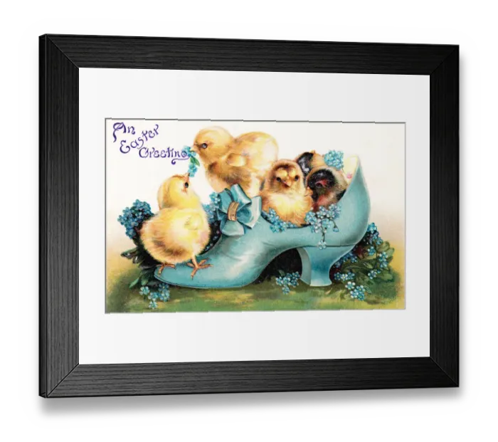 Framed Print : Chicks in a blue shoe on an Easter postcard Framed Print : Chicks in a blue shoe on an Easter postcard