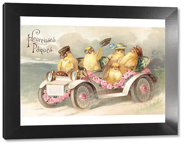 Chicks in a car on a French Easter postcard