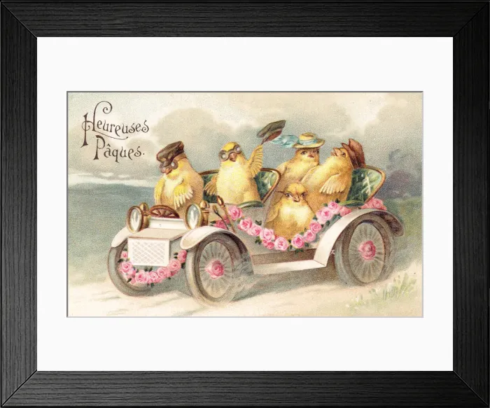 Framed Print : Chicks in a car on a French Easter postcard Framed Print : Chicks in a car on a French Easter postcard