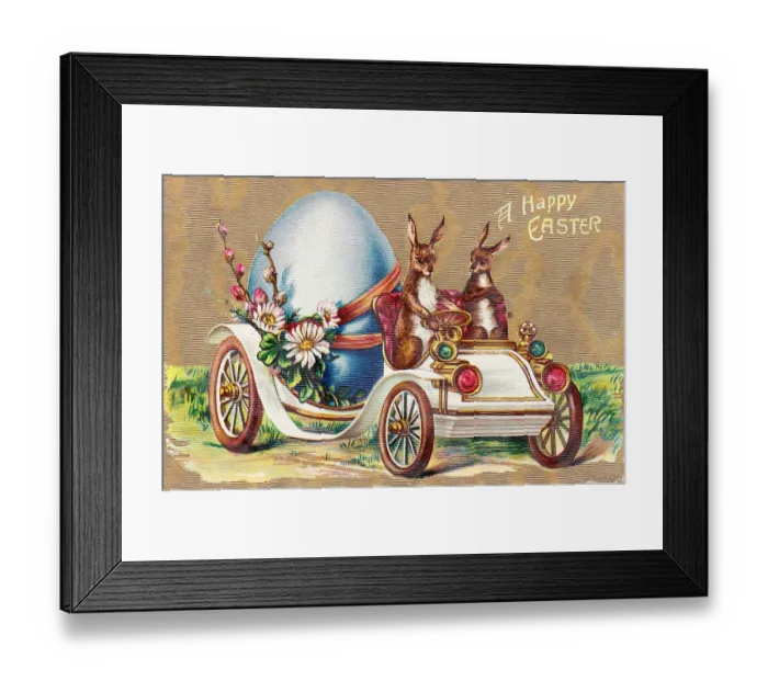 Framed Print : Rabbits in a car on an Easter postcard Framed Print : Rabbits in a car on an Easter postcard