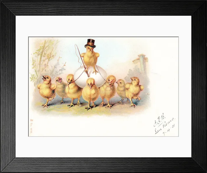 Framed Print : Eight chicks with an egg on an Easter postcard Framed Print : Eight chicks with an egg on an Easter postcard