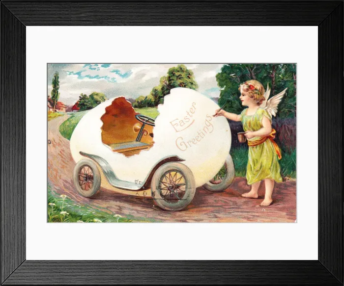Framed Print : Fairy with a shell-shaped car on an Easter postcard Framed Print : Fairy with a shell-shaped car on an Easter postcard