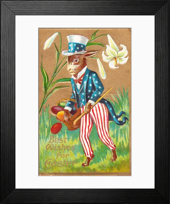 Framed Print : Rabbit with basket of eggs on an Easter postcard Framed Print : Rabbit with basket of eggs on an Easter postcard