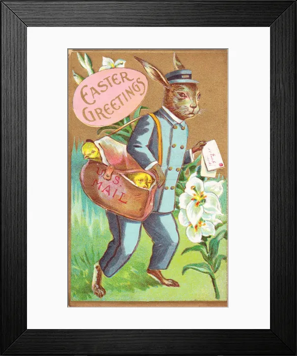 Framed Print : Rabbit postman delivering chicks on an Easter postcard Framed Print : Rabbit postman delivering chicks on an Easter postcard