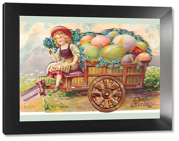 Girl with eggs and flowers in a cart on an Easter postcard