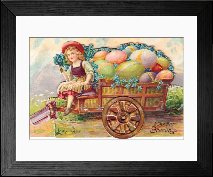 Framed Print : Girl with eggs and flowers in a cart on an Easter postcard Framed Print : Girl with eggs and flowers in a cart on an Easter postcard