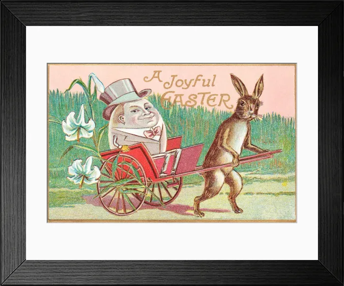 Framed Print : Rabbit pulling large egg in a cart on an Easter postcard Framed Print : Rabbit pulling large egg in a cart on an Easter postcard