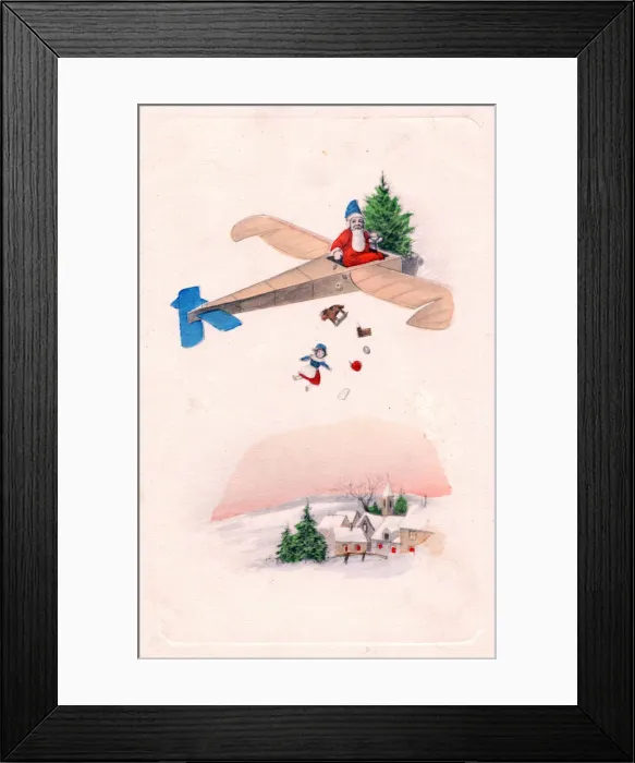 Framed Print : Santa Claus in a plane on a Christmas postcard Framed Print : Santa Claus in a plane on a Christmas postcard