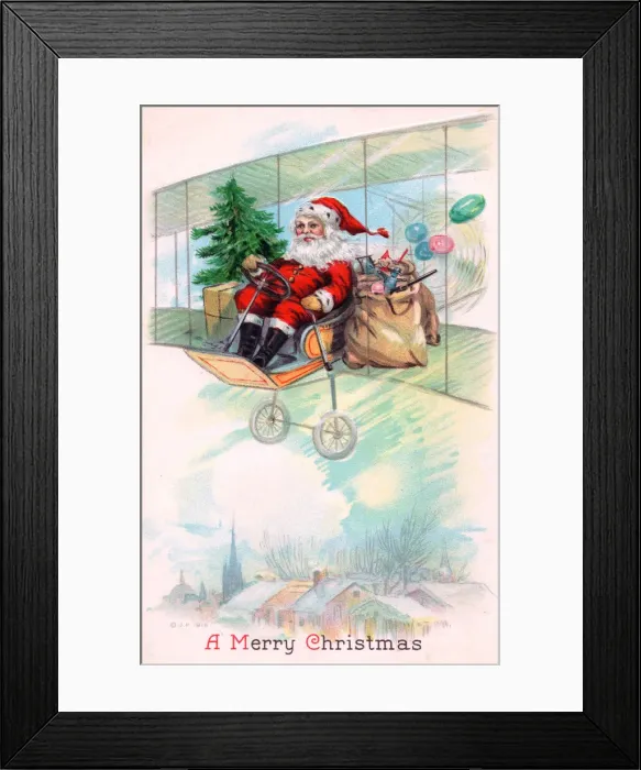 Framed Print : Santa Claus in a plane on a Christmas postcard Framed Print : Santa Claus in a plane on a Christmas postcard