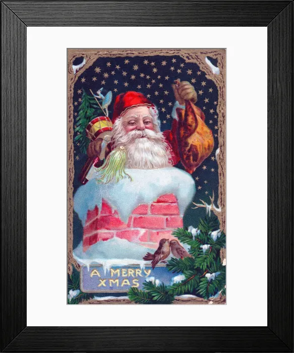 Framed Print : Santa Claus in a chimney on a Christmas postcard Framed Print : Santa Claus in a chimney on a Christmas postcard