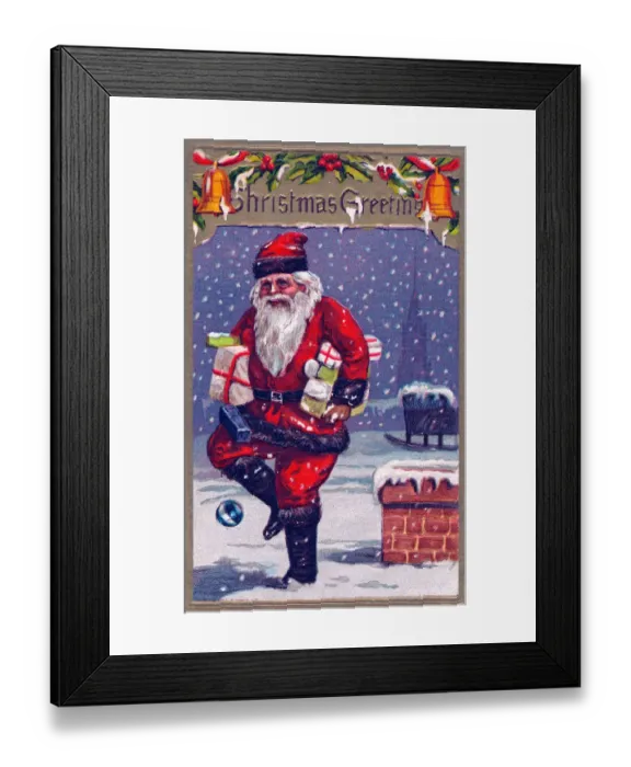 Framed Print : Santa Claus on a house roof on a Christmas postcard Framed Print : Santa Claus on a house roof on a Christmas postcard
