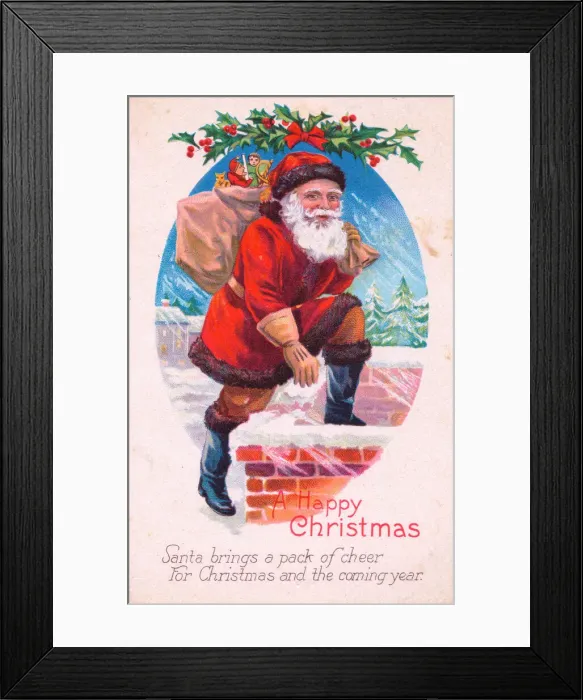 Framed Print : Santa Claus on a house roof on a Christmas postcard Framed Print : Santa Claus on a house roof on a Christmas postcard
