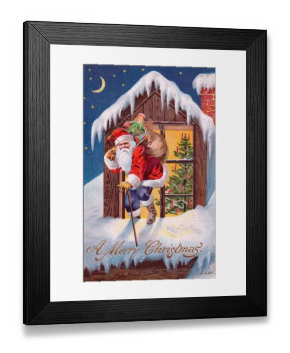 Framed Print : Santa Claus on a house roof on a Christmas postcard Framed Print : Santa Claus on a house roof on a Christmas postcard
