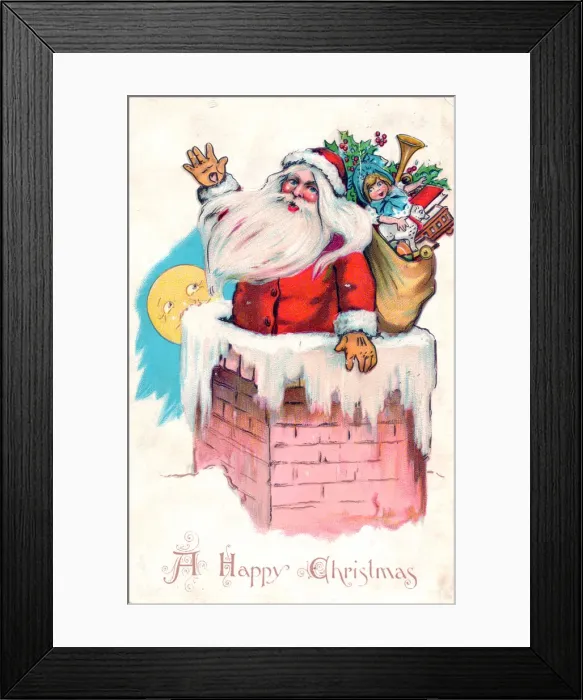 Framed Print : Santa Claus in a chimney on a Christmas postcard Framed Print : Santa Claus in a chimney on a Christmas postcard