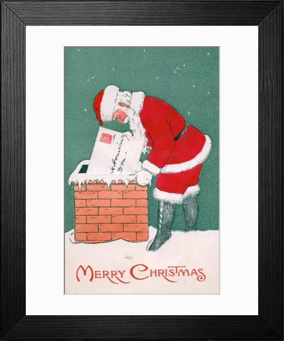 Framed Print : Santa Claus posting into a chimney on a Christmas postcard Framed Print : Santa Claus posting into a chimney on a Christmas postcard