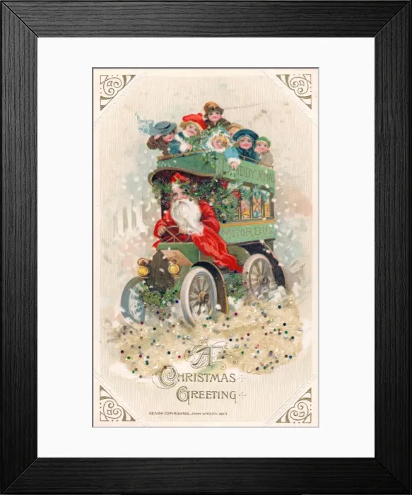 Framed Print : Santa Claus driving a bus on a Christmas postcard Framed Print : Santa Claus driving a bus on a Christmas postcard