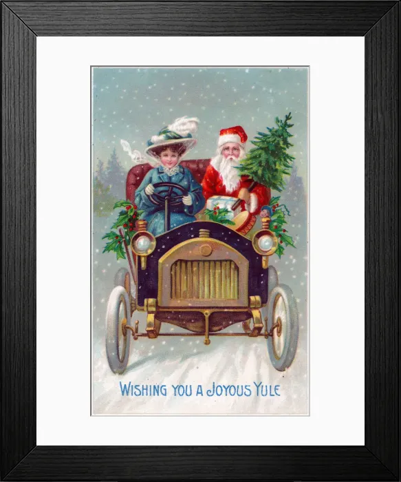 Framed Print : Santa Claus in a car on a Christmas postcard Framed Print : Santa Claus in a car on a Christmas postcard