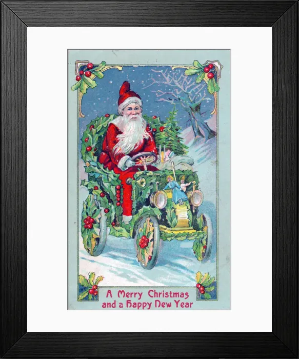 Framed Print : Santa Claus driving a car on a Christmas postcard Framed Print : Santa Claus driving a car on a Christmas postcard