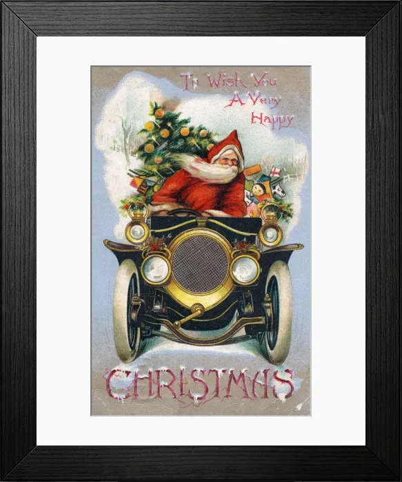 Framed Print : Santa Claus driving a car on a Christmas postcard Framed Print : Santa Claus driving a car on a Christmas postcard