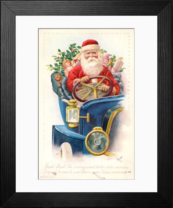Framed Print : Santa Claus driving a car on a Christmas postcard Framed Print : Santa Claus driving a car on a Christmas postcard