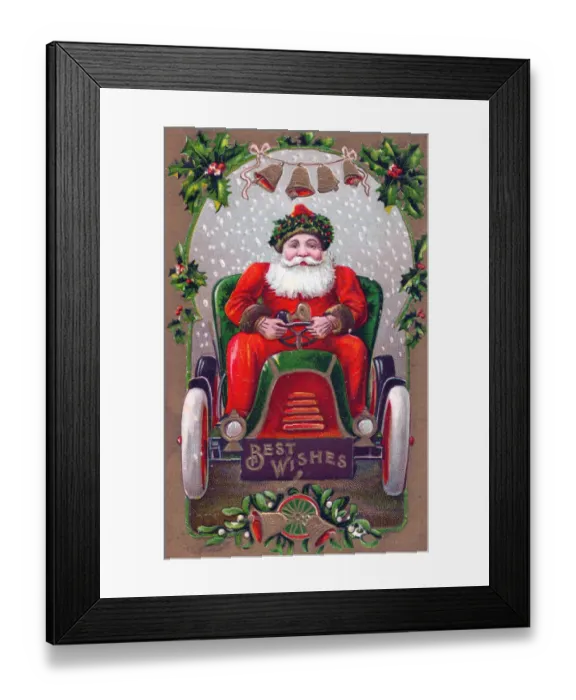 Framed Print : Santa Claus driving a car on a Christmas postcard Framed Print : Santa Claus driving a car on a Christmas postcard