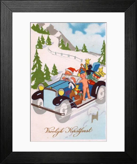 Framed Print : Santa Claus driving a car on a Dutch Christmas postcard Framed Print : Santa Claus driving a car on a Dutch Christmas postcard