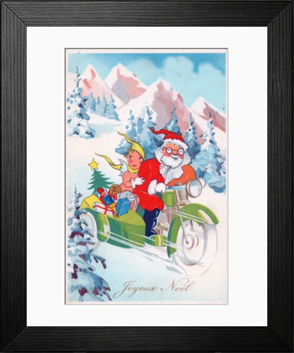 Framed Print : Santa Claus on a motorbike on a French Christmas postcard Framed Print : Santa Claus on a motorbike on a French Christmas postcard