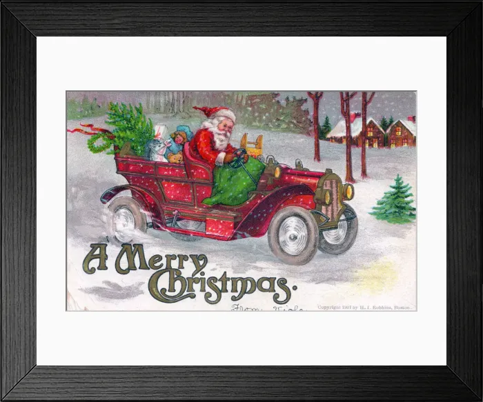 Framed Print : Santa Claus driving a car on a Christmas postcard Framed Print : Santa Claus driving a car on a Christmas postcard
