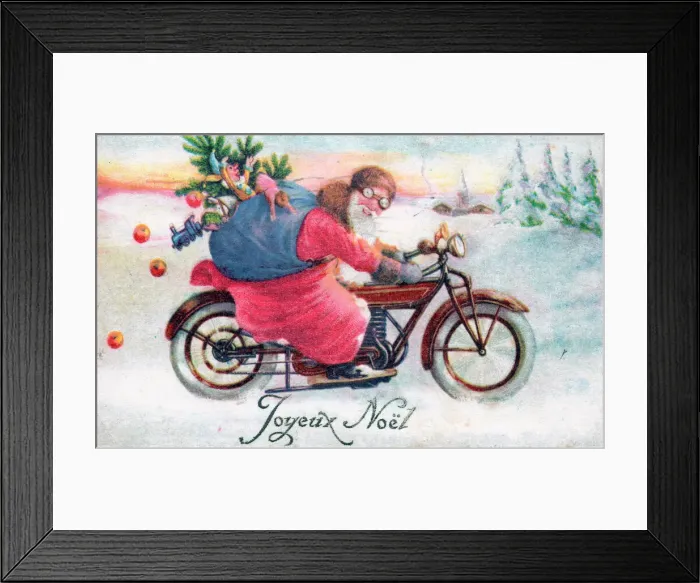 Framed Print : Santa Claus on a motorbike on a French Christmas postcard Framed Print : Santa Claus on a motorbike on a French Christmas postcard