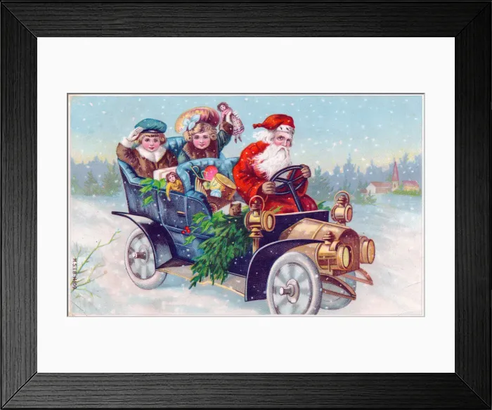 Framed Print : Santa Claus driving a car on a Christmas postcard Framed Print : Santa Claus driving a car on a Christmas postcard
