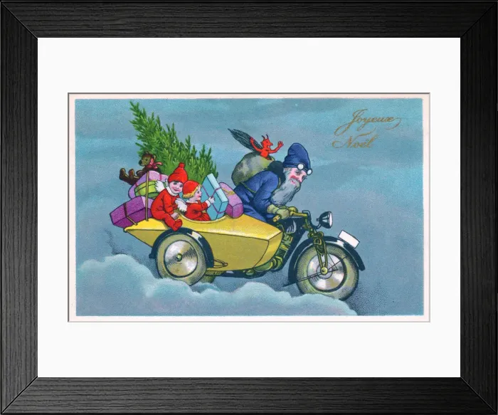 Framed Print : Santa Claus on a motorbike on a French Christmas postcard Framed Print : Santa Claus on a motorbike on a French Christmas postcard