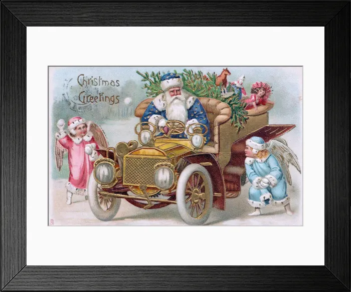 Framed Print : Santa Claus driving a car on a Christmas postcard Framed Print : Santa Claus driving a car on a Christmas postcard