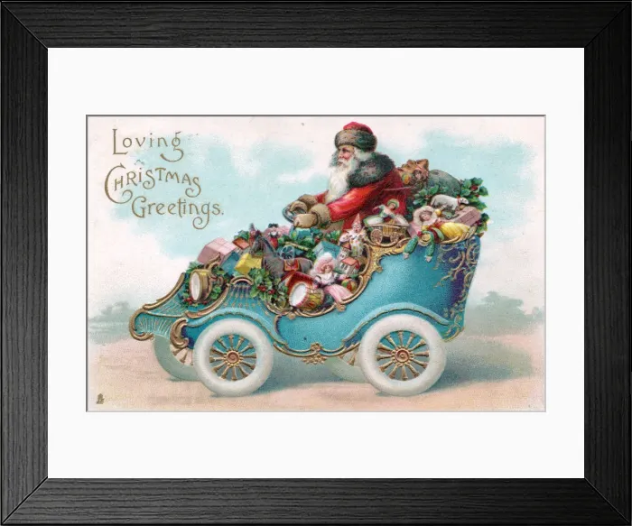 Framed Print : Santa Claus driving a car on a Christmas postcard Framed Print : Santa Claus driving a car on a Christmas postcard