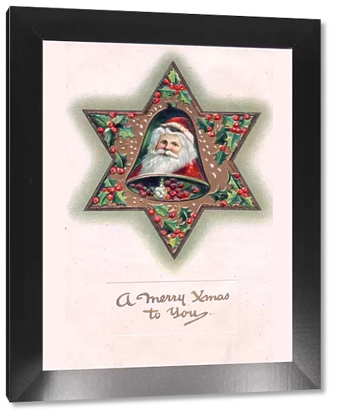 Santa Claus with star and bell on a Christmas postcard