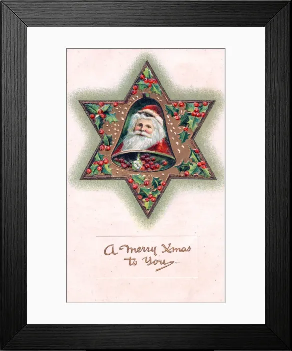 Framed Print : Santa Claus with star and bell on a Christmas postcard Framed Print : Santa Claus with star and bell on a Christmas postcard