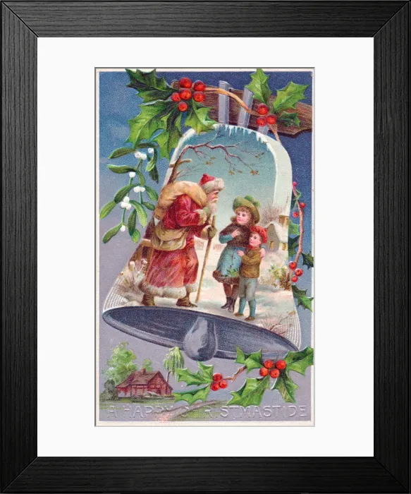 Framed Print : Santa Claus on a bell on a Christmas postcard Framed Print : Santa Claus on a bell on a Christmas postcard