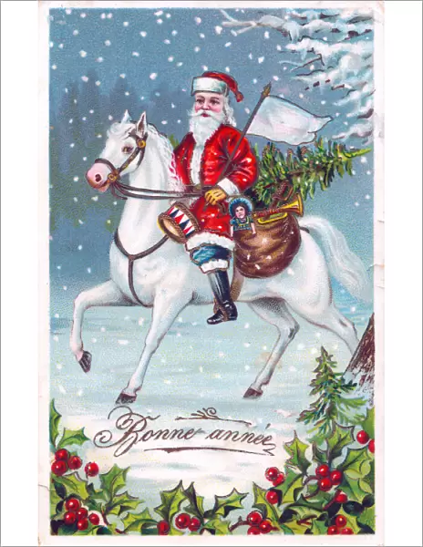 Santa Claus riding a horse on a French Christmas postcard