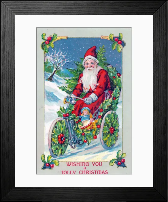 Framed Print : Santa Claus on a motorbike on a Christmas postcard Framed Print : Santa Claus on a motorbike on a Christmas postcard