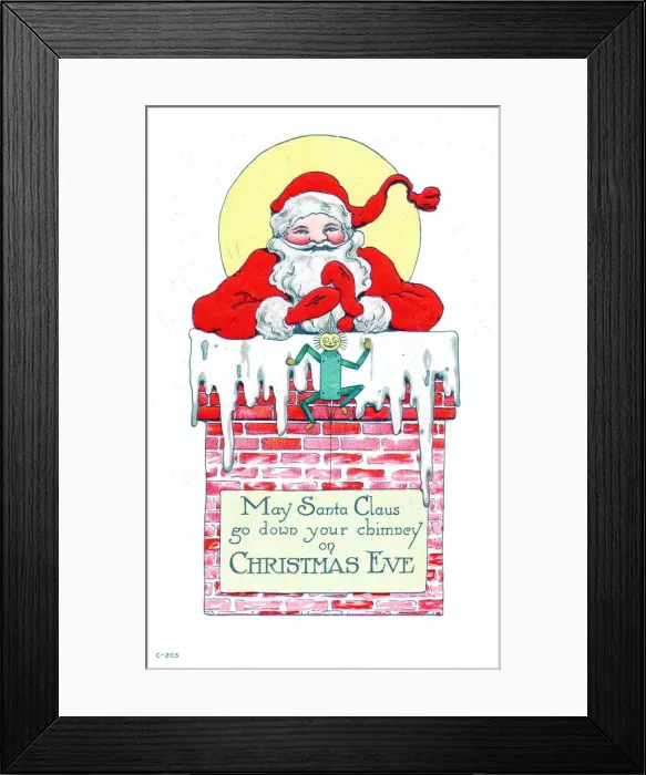 Framed Print : Santa Claus in a chimney on a Christmas postcard Framed Print : Santa Claus in a chimney on a Christmas postcard