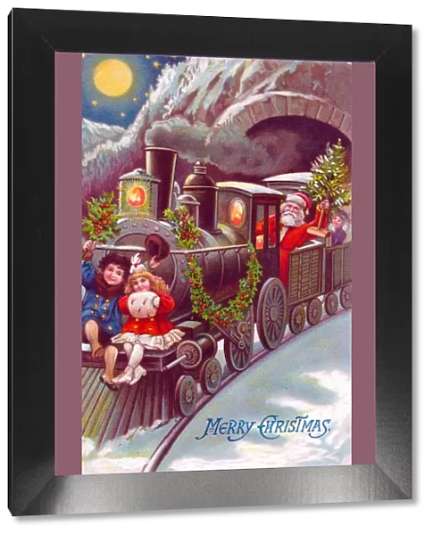 Santa Claus riding on a train on a Christmas postcard
