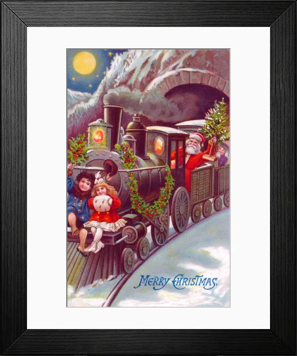 Framed Print : Santa Claus riding on a train on a Christmas postcard Framed Print : Santa Claus riding on a train on a Christmas postcard