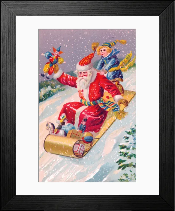 Framed Print : Santa Claus riding a sled on a Christmas postcard Framed Print : Santa Claus riding a sled on a Christmas postcard