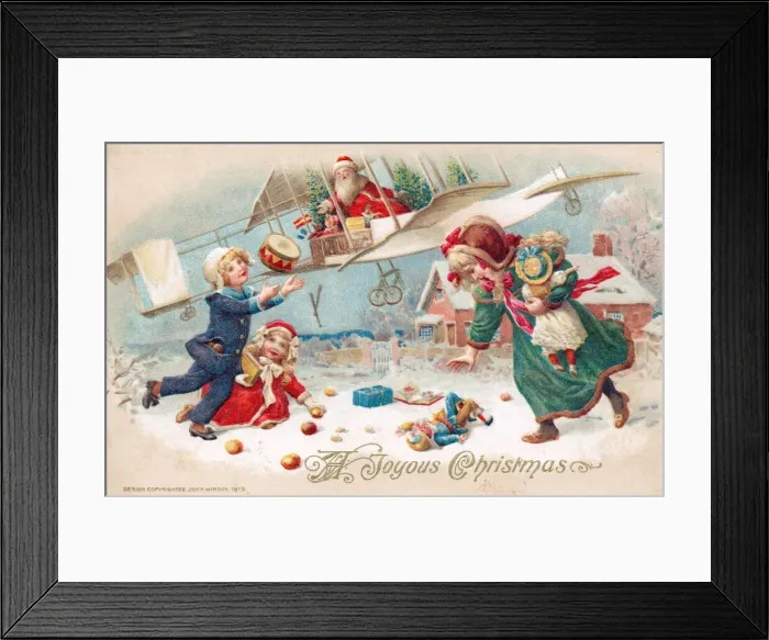 Framed Print : Santa Claus in a plane on a Christmas postcard Framed Print : Santa Claus in a plane on a Christmas postcard