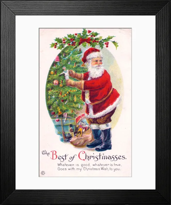 Framed Print : Santa Claus with tree on a Christmas postcard Framed Print : Santa Claus with tree on a Christmas postcard