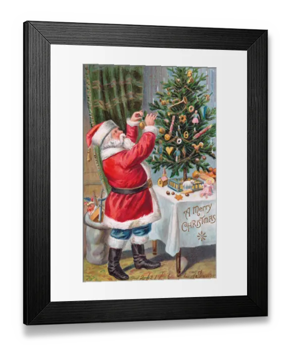 Framed Print : Santa Claus with tree on a Christmas postcard Framed Print : Santa Claus with tree on a Christmas postcard